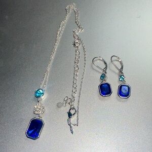 SAQ Elegant Blue and Silver Jewelry Set, Necklace and Earrings. Like New.